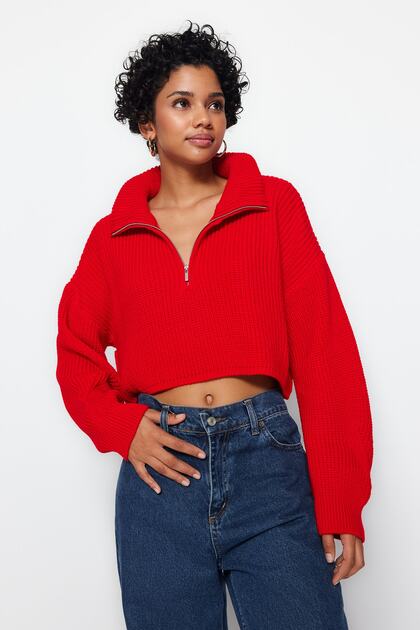 Trendyolmilla Kırmızı Süper Crop Fermuarlı Triko Kazak