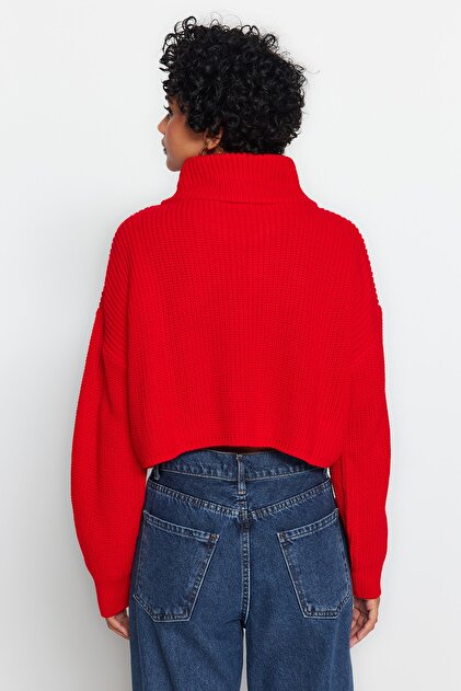 Trendyolmilla Kırmızı Süper Crop Fermuarlı Triko Kazak