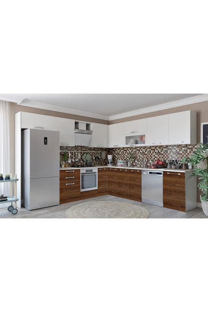 Vegas Ankastre L Mutfak 590 cm Beyaz & Teak Tezgah Hariç Model 3