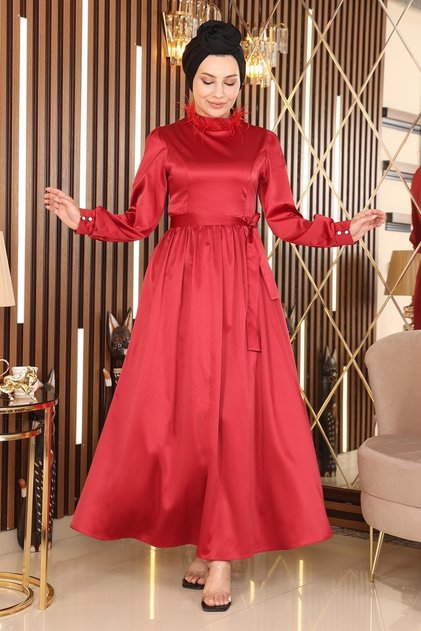 Rochie de seara din satin cu pene rosu 19123