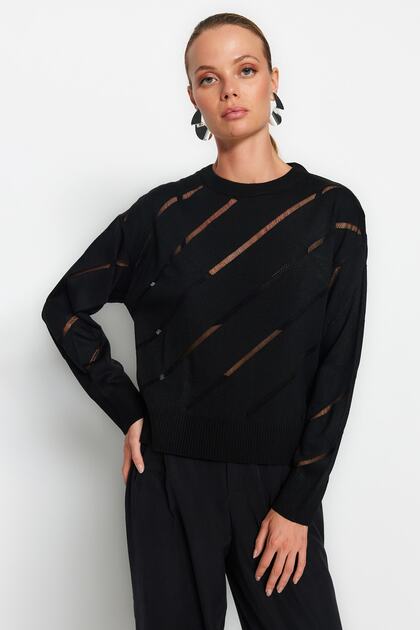 Pulover negru din tricotaje ajurate/gauri TWOAW24KZ00157