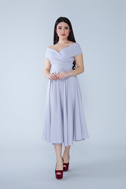 Bidoluelbise Women's Boat Neck Flared Midi Length Woven Draped Dress Fabric  Evening Dress and Graduation Dress- Trendyol