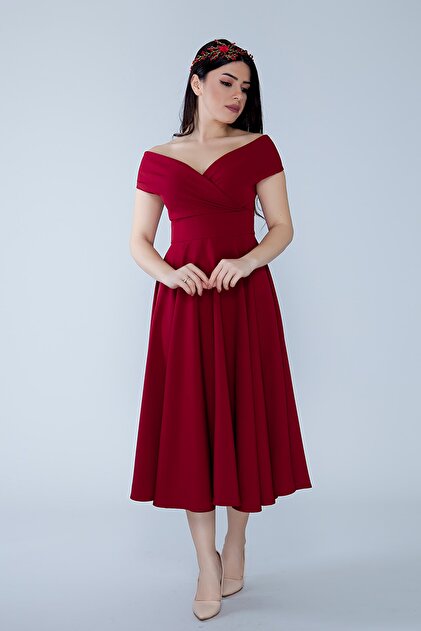 Bidoluelbise Women's Boat Neck Flared Midi Length Woven Draped Dress Fabric Evening Dress and Graduation Dress- Trendyol Bidoluelbise Women's Boat Neck Flared Midi Length Woven Draped Dress Fabric Evening Dress and Graduation Dress- Trendyol