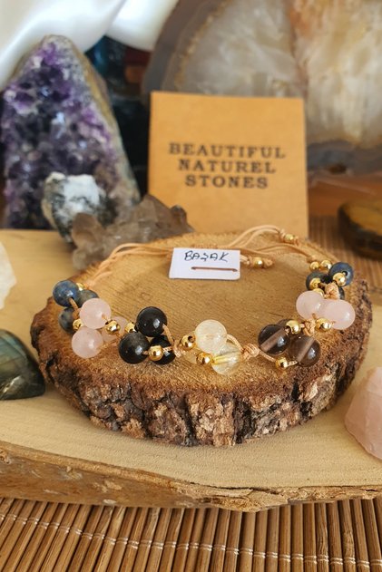 Virgo Natural Stone Bracelet ( Pink Quartz, Obsidian, Lapis, Smoky Quartz, Citrine ) 6 mm Hand Knitted