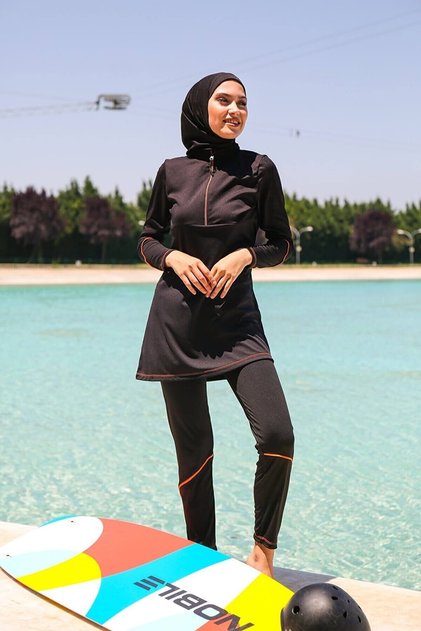 3-Piece Black Sporty Design Full Covered Hijab Swimsuit R1122