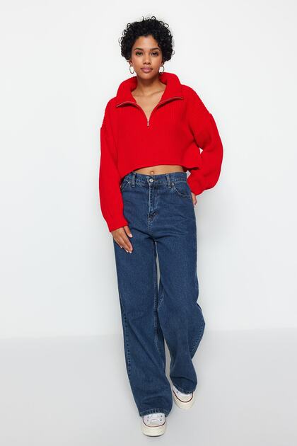 Trendyolmilla Kırmızı Süper Crop Fermuarlı Triko Kazak