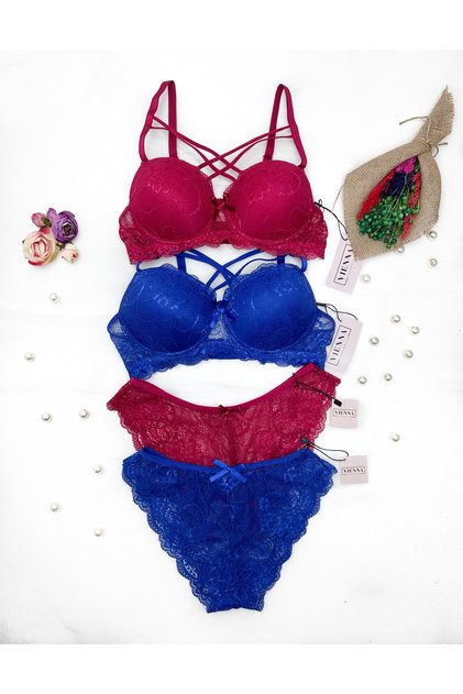 Women's Padded Underwire Lace Bra Set of 2 Blue (COBALT BLUE)-cherry - Dowry Package-gift - Boxed
