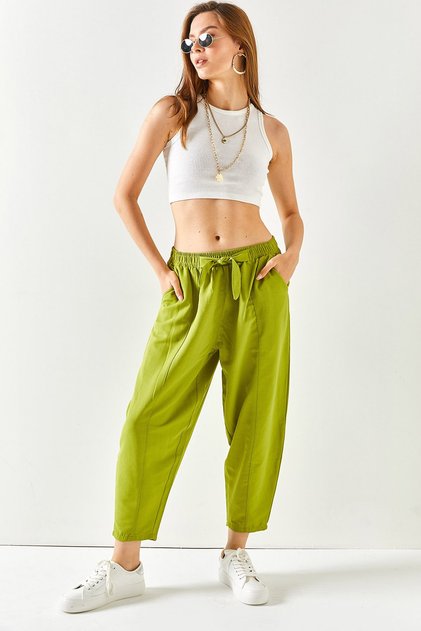 Women's Oil Green Pocketed Sewing Detailed Linen Shalwar Trousers PNT-19000234