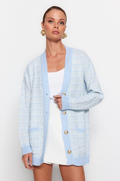 Light Blue Loose Fit Tweed Look Glittery Knit Cardigan TWOAW21HI0250