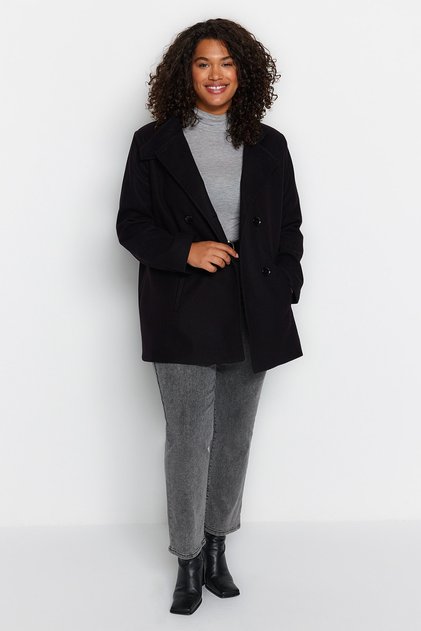 Black Regular Fit Double-Closure High-Neck Wool Blend Coat Tbbaw24Dd00010