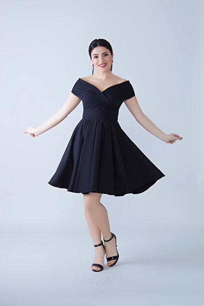 Bidoluelbise Women's Boat Neck Draped Woven Fabric Pleated Flared Mini  Evening Dress And Graduation Dress- Trendyol
