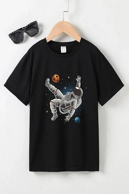 Space Printed Oversize Crew Neck Children's T-shirt