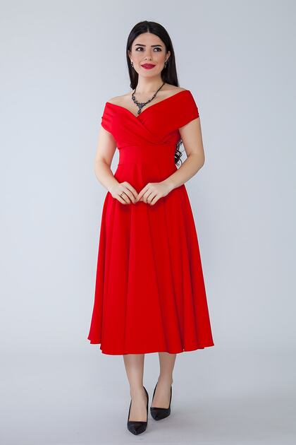 Bidoluelbise Women's Boat Neck Flared Midi Length Woven Draped Dress Fabric Evening Dress and Graduation Dress- Trendyol Bidoluelbise Women's Boat Neck Flared Midi Length Woven Draped Dress Fabric Evening Dress and Graduation Dress- Trendyol