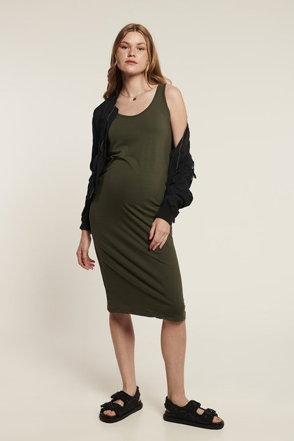 MICHELLE Short Sleeve Pencil Causal Khaki Maternity Dress