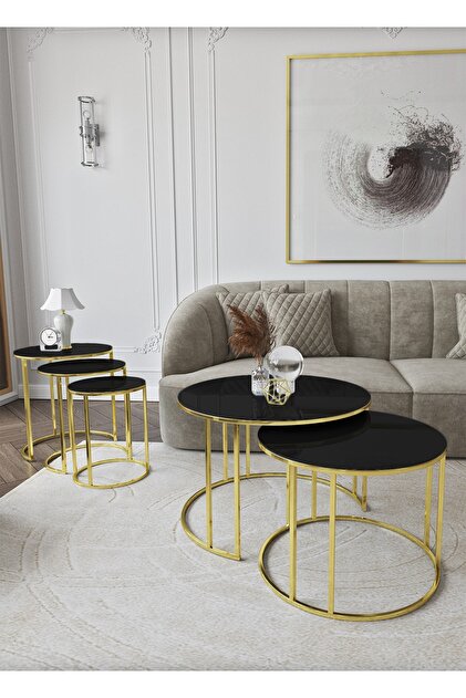 Puklife Ceylin Zigon ve Yavrulu Orta Sehpa Seti Gold Ayak Siyah