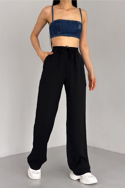 Women's Black New Season Double Pocket Drawstring Waist Modal Fabric Wide Leg Trousers