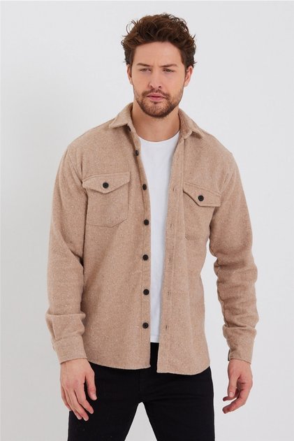 Erkek Vizon Çift Cep Kapaklı Slim Fit Oduncu Gömlek-odg001r9503s