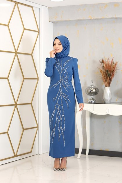 Aplik Işlemeli Kalem Tuana Tesettür Elbise Indigo