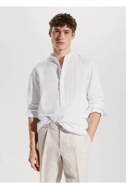 Man/ Mao Yaka Regular Fit Keten Gömlek