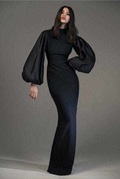 women's black back lace low-cut satin balloon sleeve zipper slit evening dress
