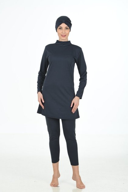 Solid Color Lycra Stand Collar Swimsuit Fabric Hijab Swimsuit Black 3374
