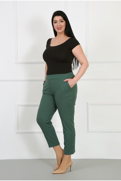 Women's Emerald Green Full Elastic Waist Lycra Scuba Crepe Narrow Leg Large Trousers