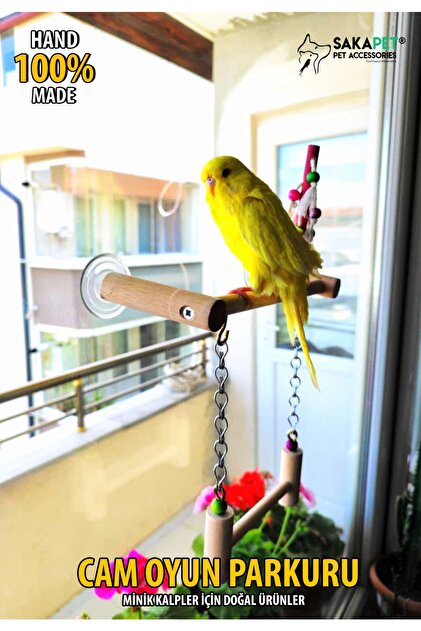 SAKAPET Paraket Ahşap Vantuzlu Cam Oyun Alanı El Yapımı TS013