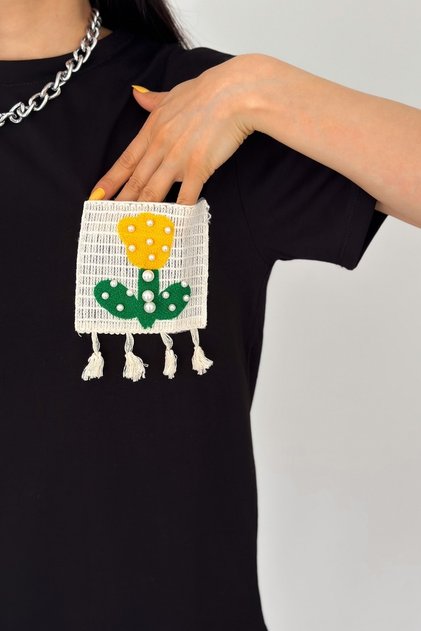 Women's Black Crew Neck Pocket Tassel and Bead Detailed Cotton T-Shirt