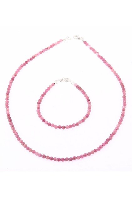 Turmalin Taşı Doğal Taş Kolye-Bileklik Takımı-3-4MM Pembe
