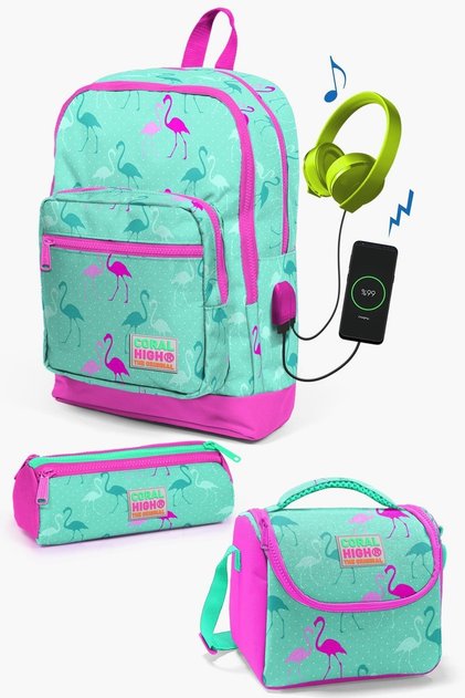 مجموعة حقائب مدرسية مكونة من 3 قطع منقوشة باللون الأخضر المائي النيون والوردي والفلامنجو مع USB SET0123275 للأطفال
