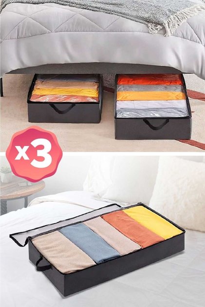 3 Pieces - Anthracite Bed Base Storage Bag with Zipper 80 X 20 X 50 Cm