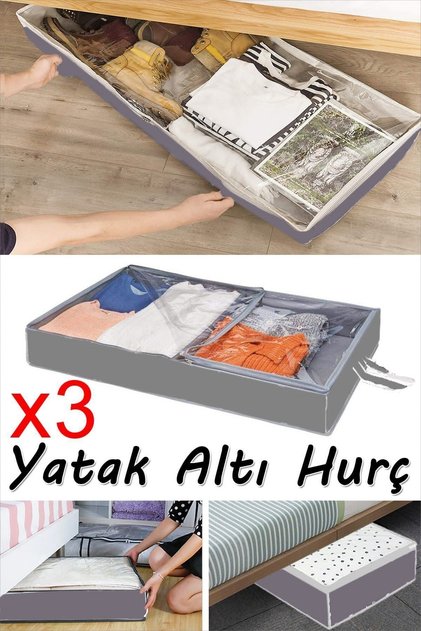 3 Adet - Yatak Altı Baza Hurcu Fermuarlı Saklama Çantası Gri 80x20x50cm