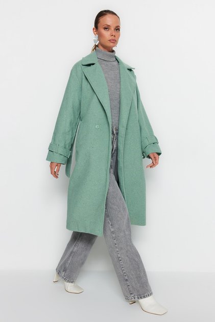 Mint Oversized Wide-Cut Belted Long Wool Melton Coat TWOAW22KB0015