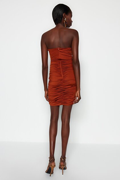 Trendyol Collection Knitted Short Evening Dress - Cinnamon Color, Corset Detail and Lining TPRSS23EL00174- Trendyol Trendyol Collection Knitted Short Evening Dress - Cinnamon Color, Corset Detail and Lining TPRSS23EL00174- Trendyol