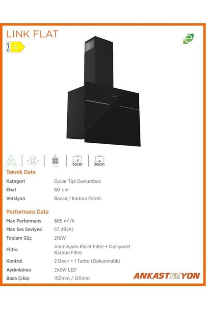 Silverline 3364 LINK FLAT Siyah Cam Duvar Tipi Davlumbaz 60 cm
