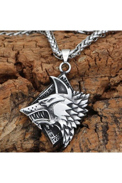 Wolf Fenrir Odin Scandinavian Back & Freki Weave Chain 316L Steel Men's Necklace