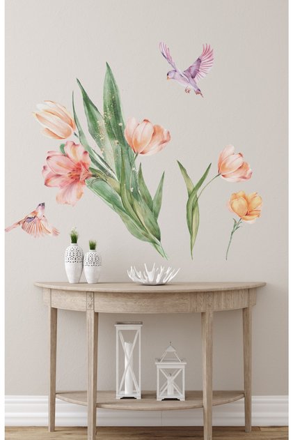 Watercolor Soft Spring Flowers and Birds Decorative Wall Sticker