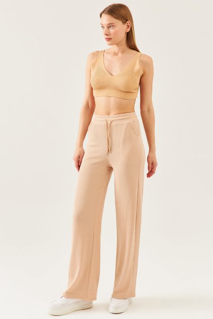 Women's Cream Knit Fabric Wide Leg Trousers with Elastic Waist