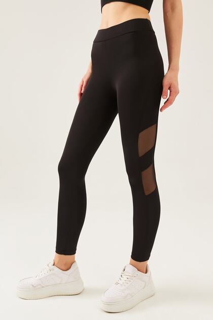 Women's Black High Waist Tulle Detailed Sports Leggings