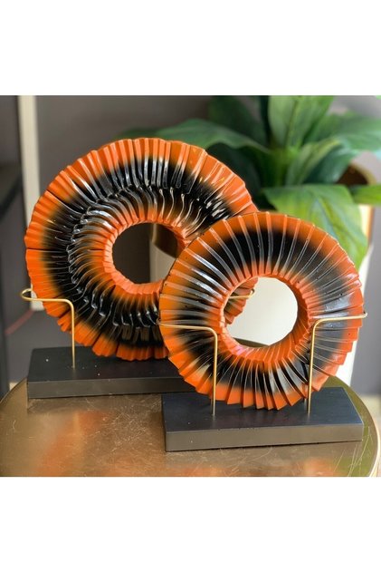 SNM HOME DECORATİON- Dekoratif Polyester Siyah-Turuncu 2’li Disk Takım Obje