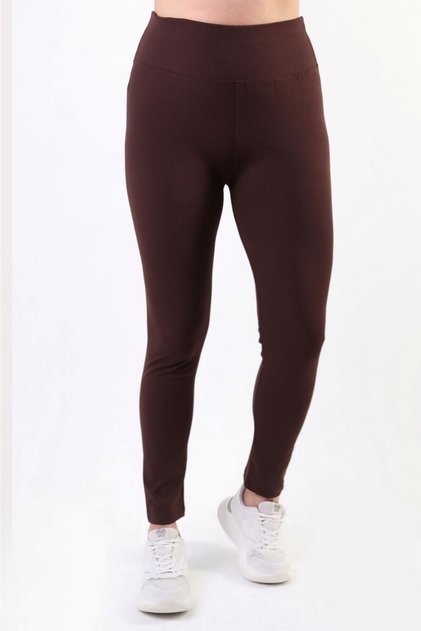 Women's Brown Plus Size Leggings with High Waist, Stretchy Ribbed Waistband, and Corset Detail
