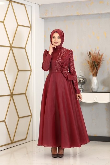 Çiçek Detaylı Ela Tesettür Abiye Bordo