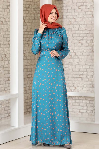 Silk Satin Print Dress Petrol - Fashion Showcase Design - FSC3043