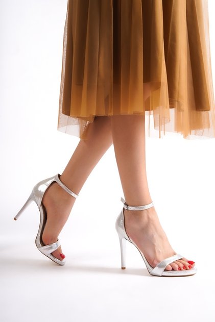 Women's Silver Lame Platform Thin Heeled Single Strap Evening Dress Shoes Pirlx
