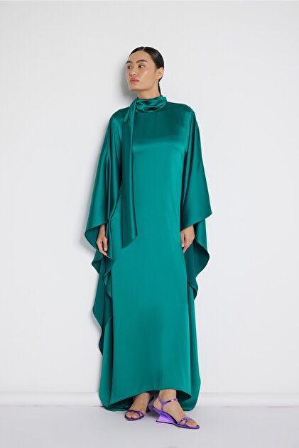 Nuum Design Neck Tie Satin Dress Emerald Green- Trendyol