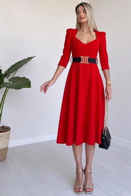 New Season Crepe Fabric Belted Short Sleeve Window Collar Midi Length Women's Dress 075