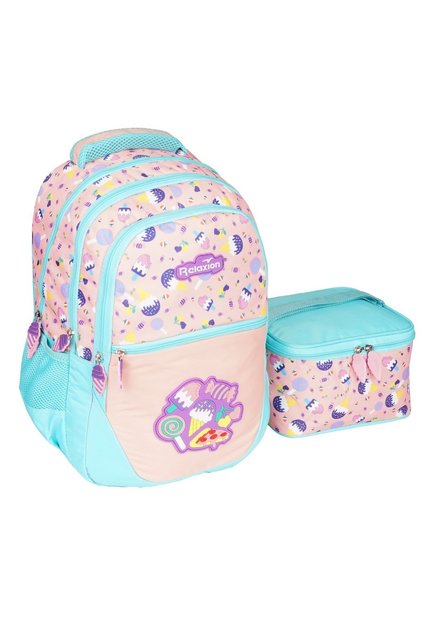 GIRLS PATTERNED SCHOOL BACKPACK WITH MULTI COMPARTMENTS LUNCH BAG