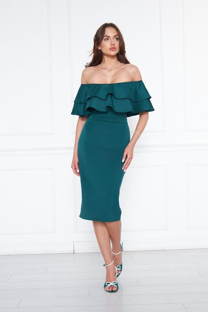 Emerald Boat Neck Ruffle Detail Stretchy Fabric Off Shoulder Midi Length Evening Pencil Dress