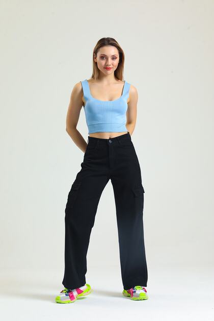 Black Cargo Pocket Lycra High Waist Loose Wide Leg Jeans Wide Leg Jeans