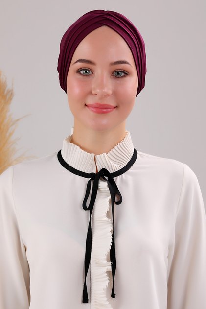 Women's Three-Striped Cross Ready-made Turban Outer Bonnet Plum